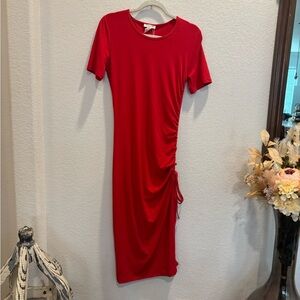 Red Sheath Midi Dress with Crew Neck